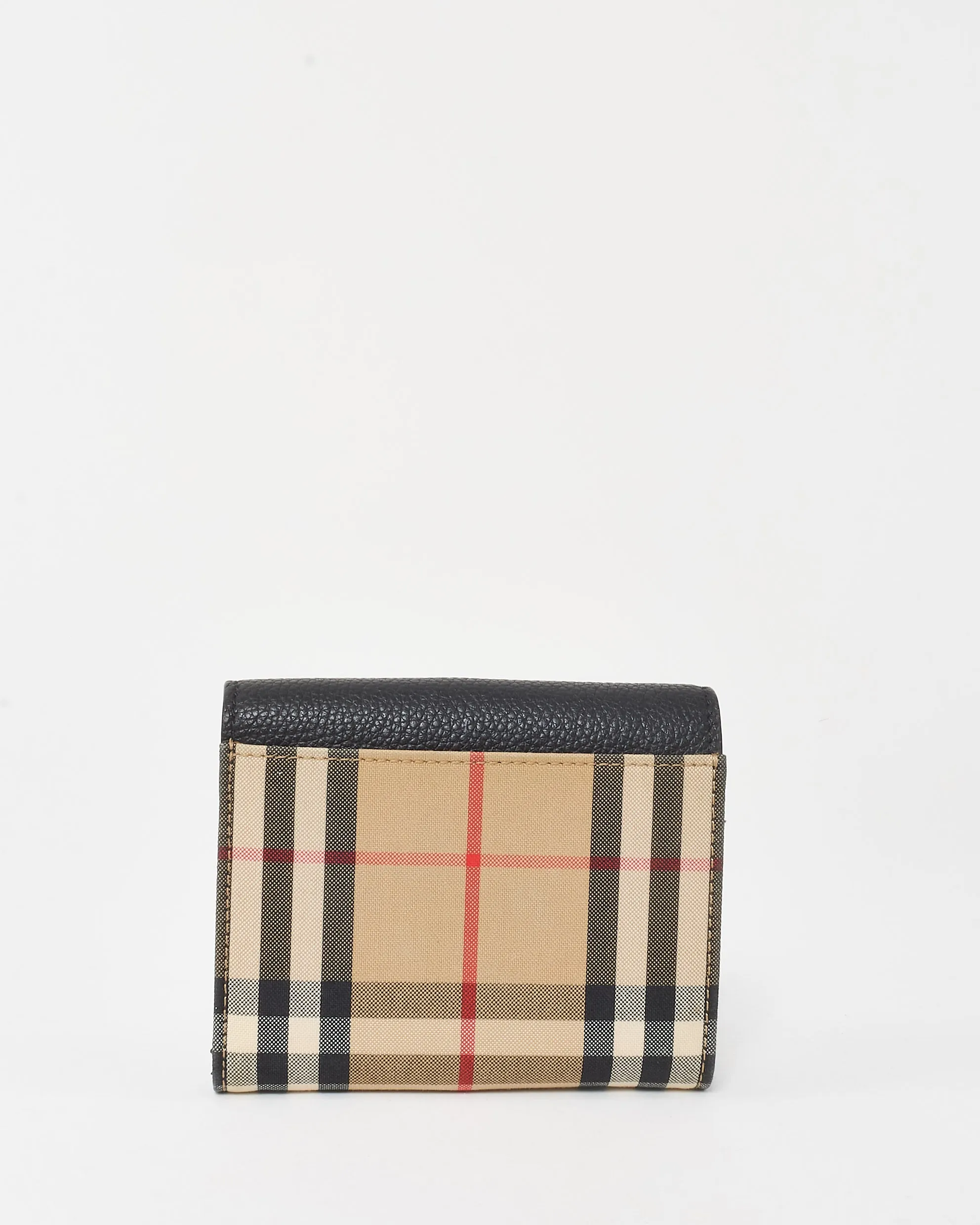 Burberry Black Leather and Beige Lancaster Check-Print Small Compact Wallet